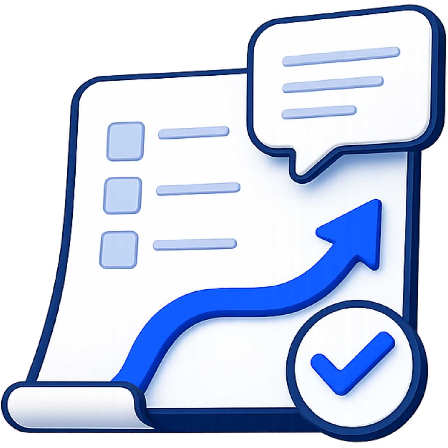 Document with an action checklist, a message, and a growth arrow